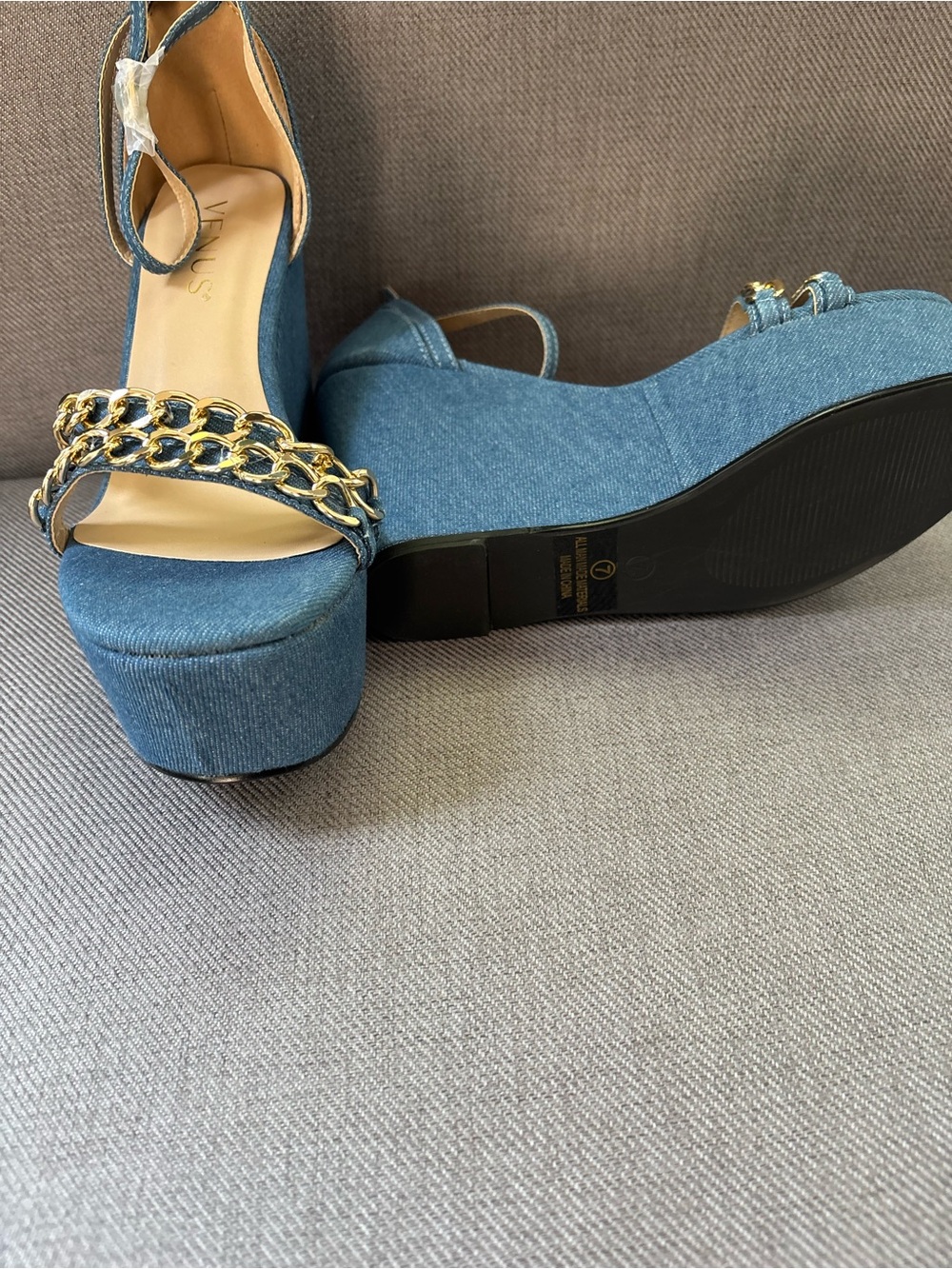 VENUS Denim Blue Platform Sandals with Gold Chain